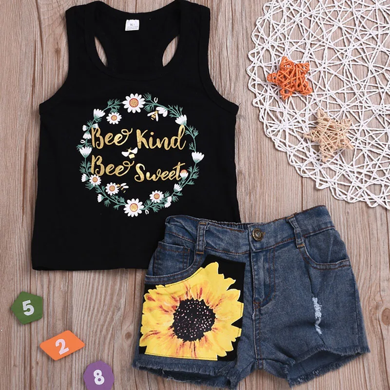 Комплект одежды для маленьких девочек с подсолнухами майка без рукавов надписью