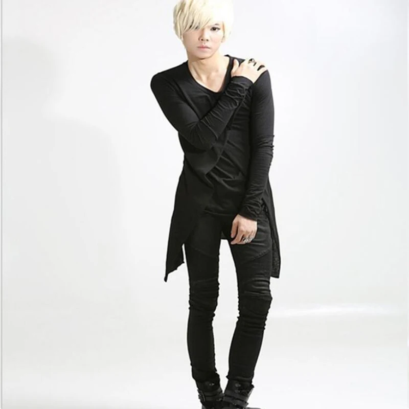 Spring new ultra long paragraph large size long-sleeved round neck T-shirt bottoming shirt hair stylist tide men's slim night cl | Мужская