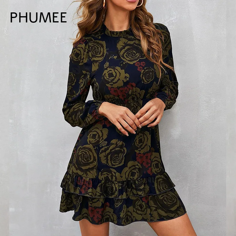 

Платье женское демисезонное с цветочным принтом, воланом и воланом