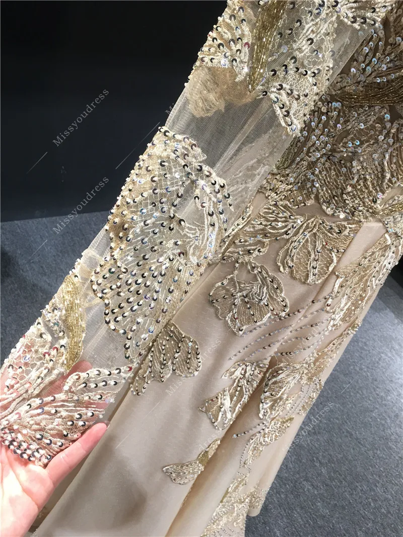 2021 Gold Evening Dress Real Photo Customized Heavy Beads Floor Length Long Sleeves Prom Party Bridal Dancing Dress