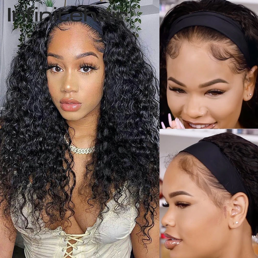 Brazilian Water Wave  Headband Wig Glueless Scarf Remy Human Hair Wigs Full Machine Made Wig for Black Women Beginner Friendly
