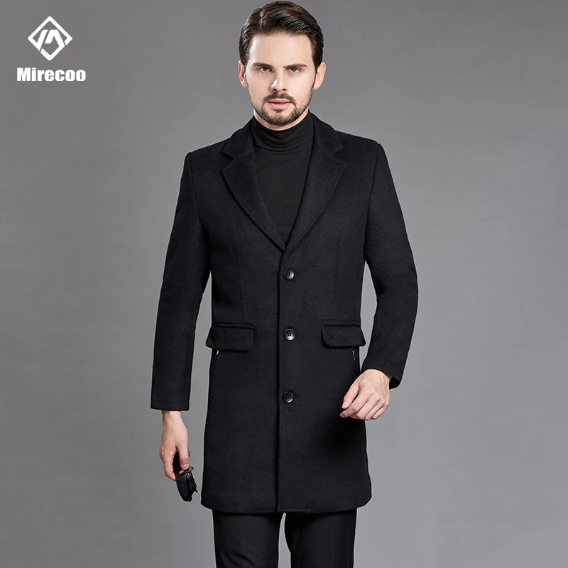 Зимнее мужское длинное утепленное шерстяное пальто деловой облегающий