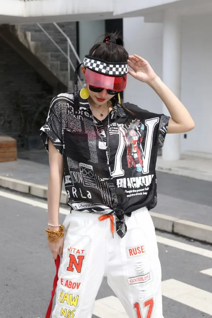 

Lapel Summer cardigan single breasted casual light print Street trendy short sleeve shirt Chiffon women's Edition