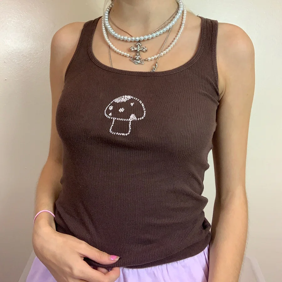 

Summer New Indie Aesthetics Mushroom Diamond Straped Brown Tops Y2K Vintage U-neck Sleeveless Tank Top 90s Streetwear Outfits