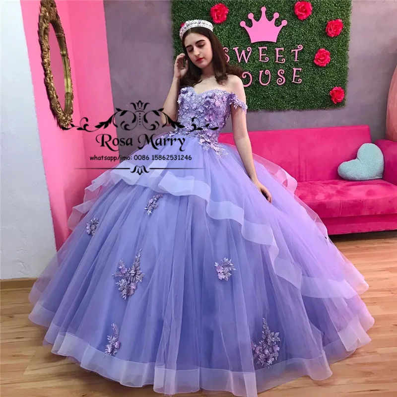 

Purple Sweet 16 Ball Gown Quinceanera Dresses 2021 Off Shoulder Vintage Lace 3D Floral Masquerade Vestidos 15 Anos Birthday Gown