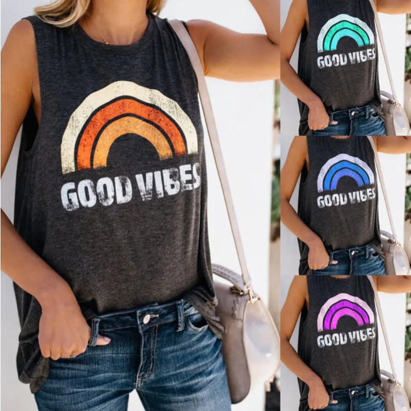 Женский Повседневный жилет с круглым вырезом и надписью «GOOD VIBES», эстетическая одежда для женщин, популярная безрукавка в стиле Харадзюку