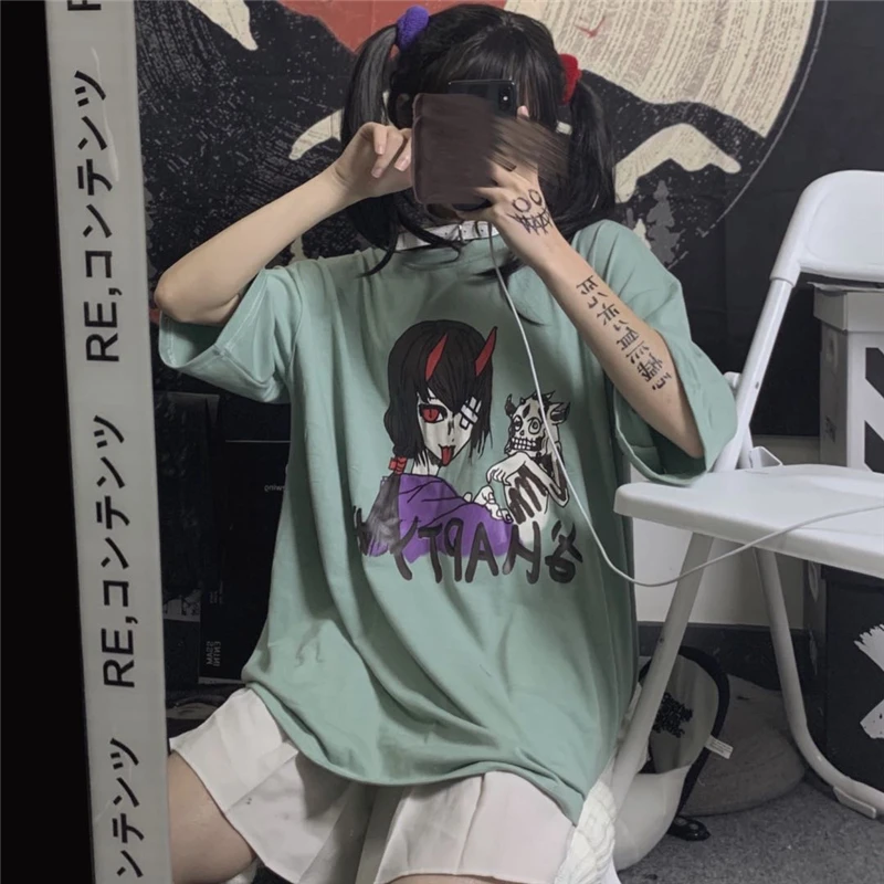 

New Style Cartoon Tshirts Cute Hell Devil Letters Print Short Sleeve Y2K T-Shirt Women Clothing Summer Cotton Tops Tee