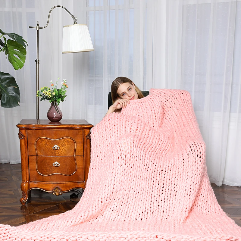 Зимние однотонные вязаные одеяла ручной работы толстые из мериносовой шерсти