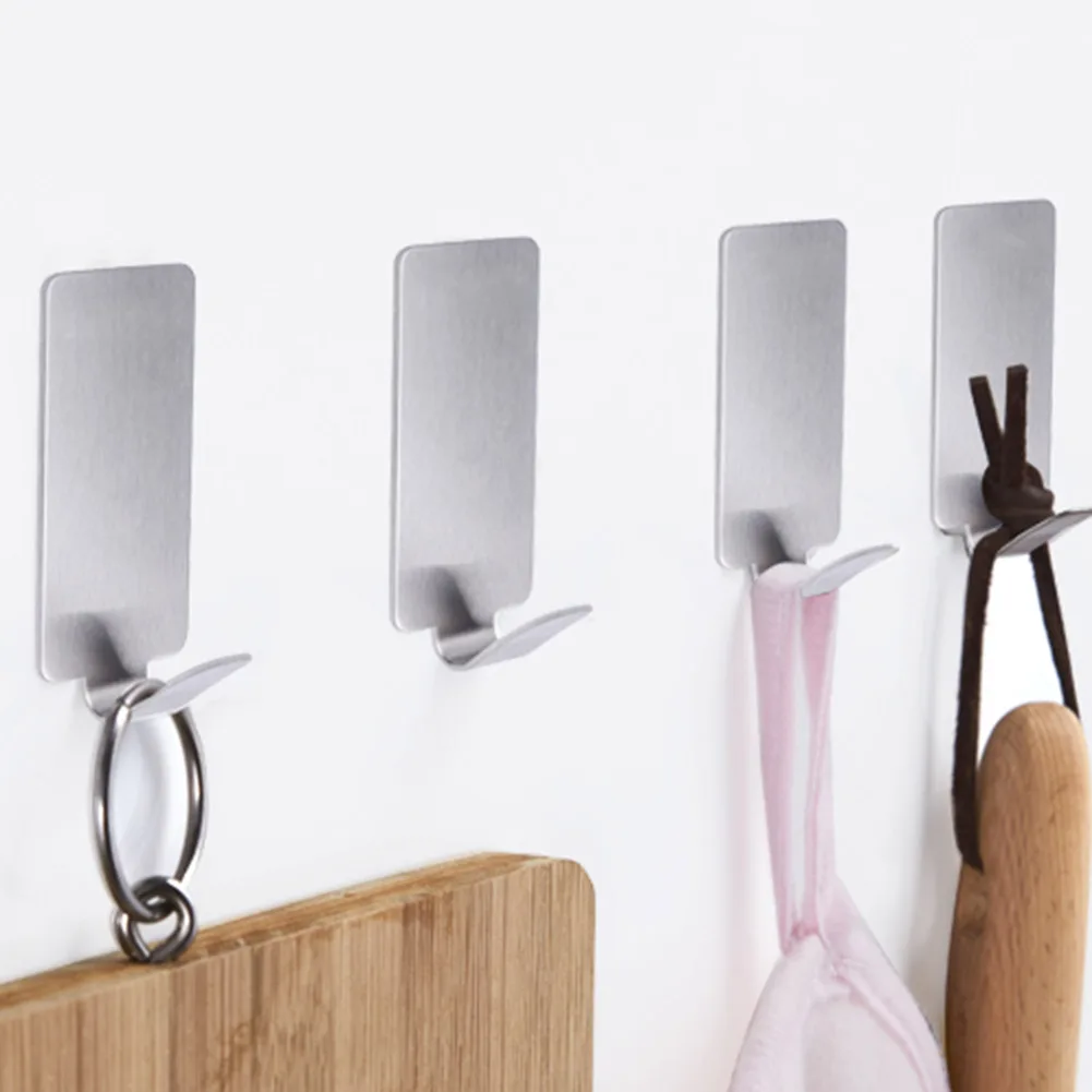 

6pcs Stainless Steel Hooks Non-marking Strong Adhesive Kitchen Bathroom Home Wall Door Hooks on Wooden Glass Plastic Surfaces