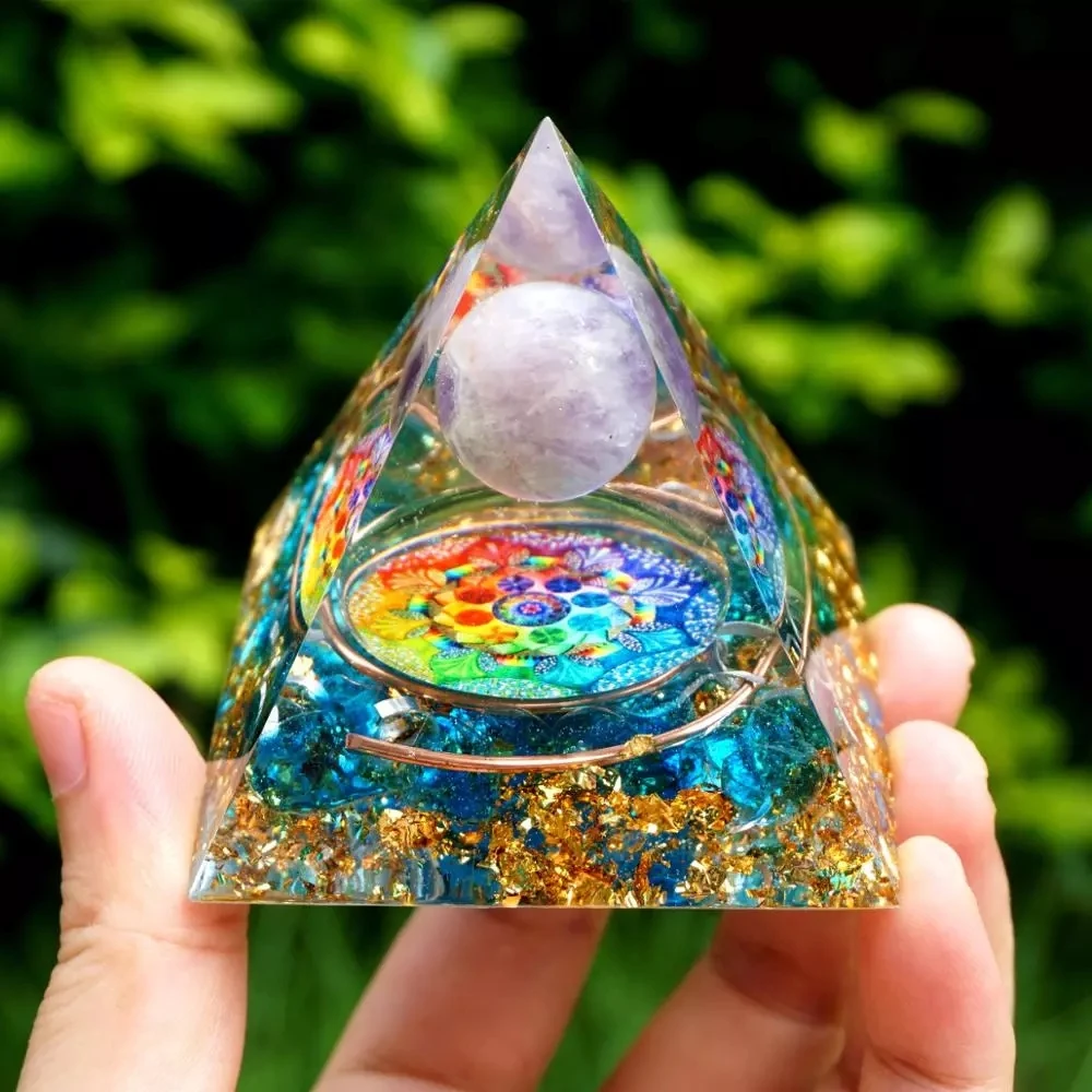 

Runes Handmade Amethyst Crystal Sphere Orgone Pyramid Copper Blue Quartz EMF Protection Energy Orgonite Interior decoration