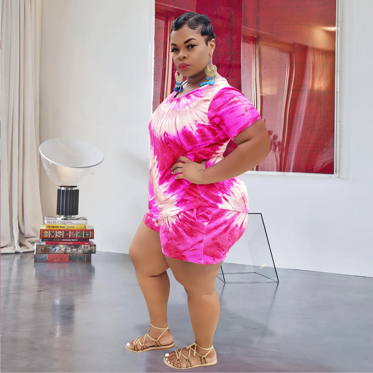 Размера плюс вареный из 2 предметов комплект с шортами для женщин Одежда отдыха