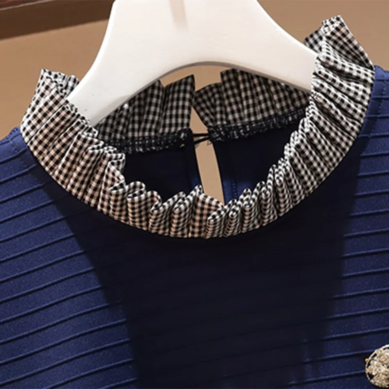 Женское осеннее платье рубашка размера плюс 4XL темно синего цвета в стиле пэчворк