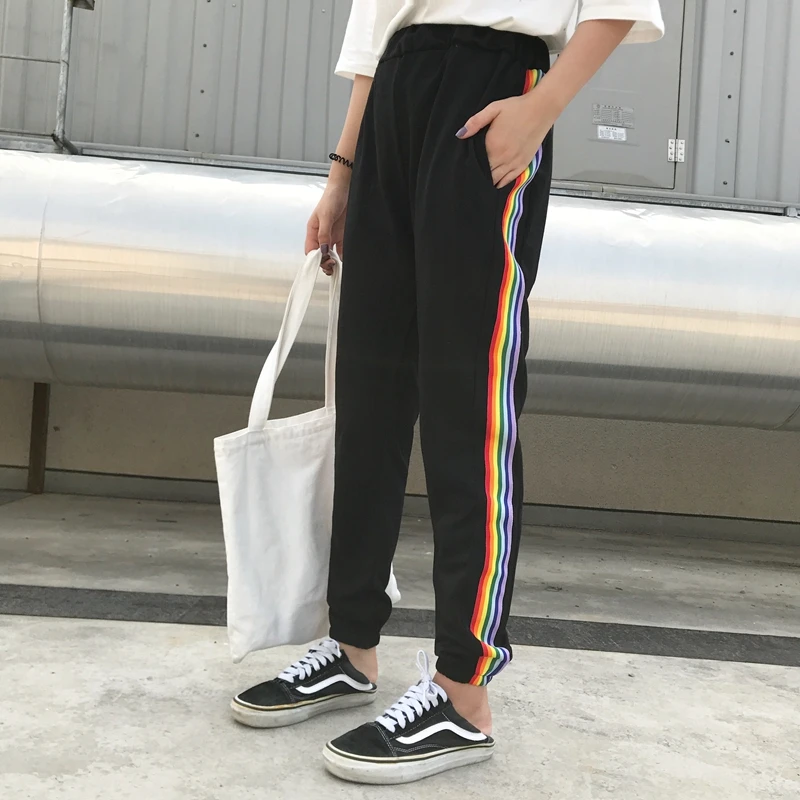 

Women Korean Ulzzang Harem High waist Pants Rainbow Striped Casual Pant Aesthetic Harajuku Style Street Style Women Loose Pants