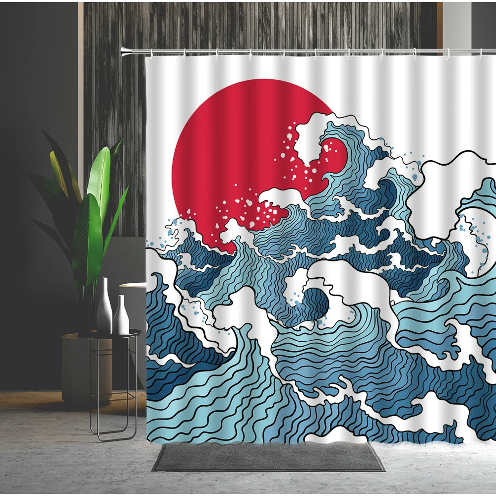Занавеска для ванны в японском стиле с изображением ландшафта волнистая стая