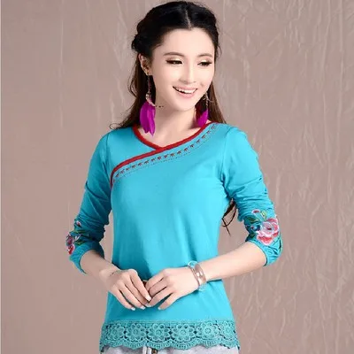 Cheongsam Топ традиционная китайская одежда для женщин с длинным рукавом размера плюс 5XL рубашка хлопковая винтажная одежда Топ Футболка Блузка рубашка - Цвет: blue 3910