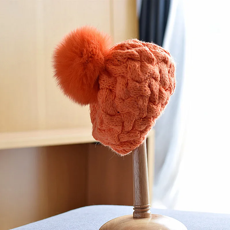 Real Fox Fur Ball Twist beanies warm cute woolen beret girl women autumn and winter soild color big hair ball knitted hat | Аксессуары