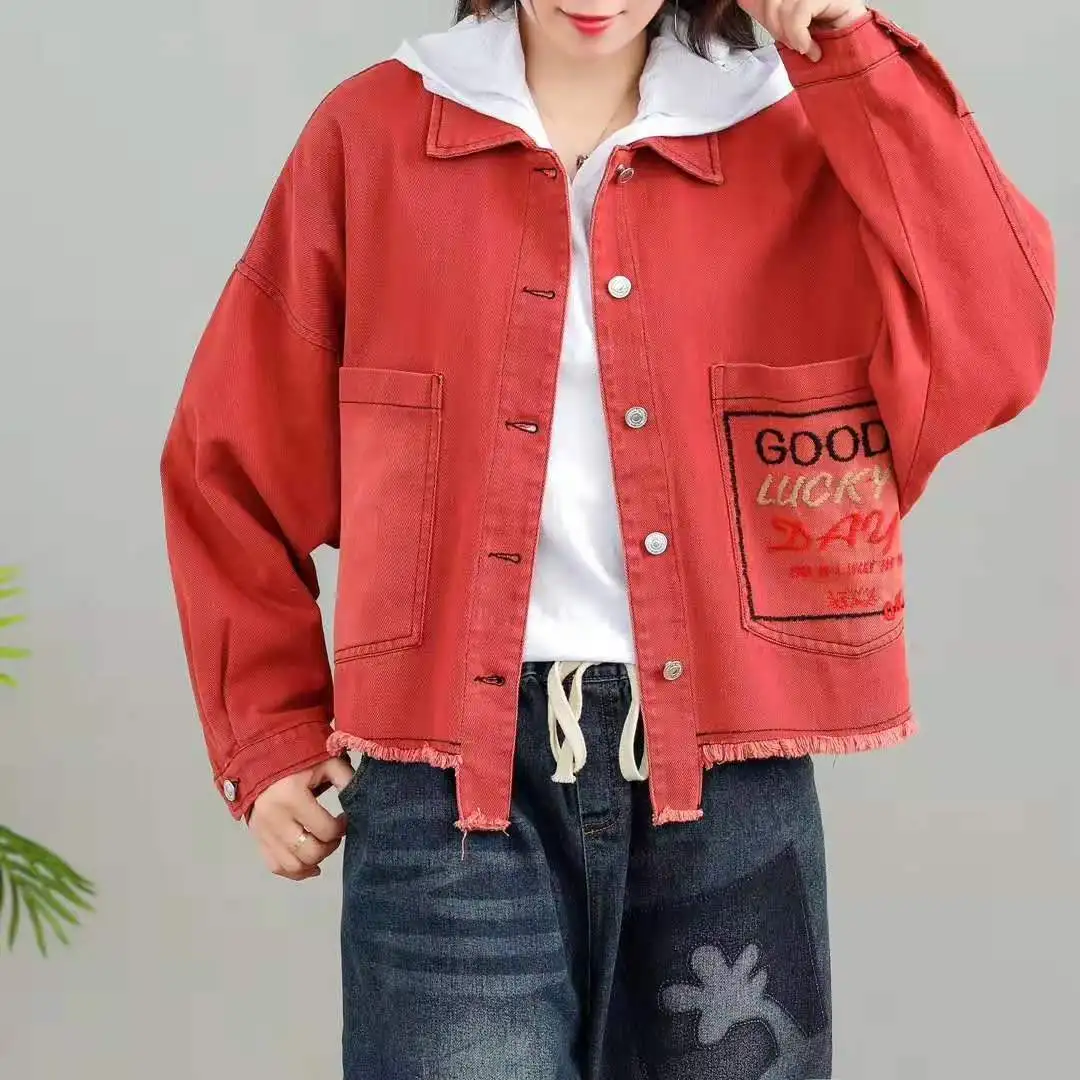 Осенние куртки женские ретро большие размеры Свободная Повседневная джинсовая