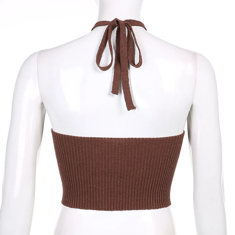 

Pure Color Deep V Open Back Knitted Vest Brown Camisole Top Women Summer Retro Camisole Casual Tube Top Sleeveless Short Women