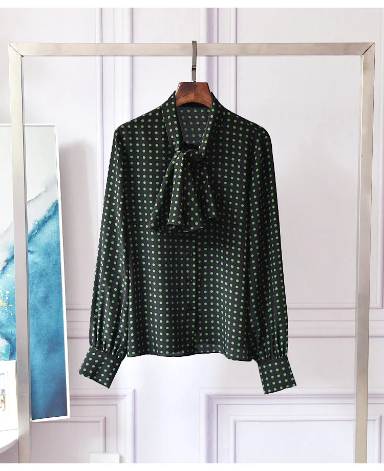 

printed dot New Green silk blouse falbala bowknot mulberry silk long sleeved shirt