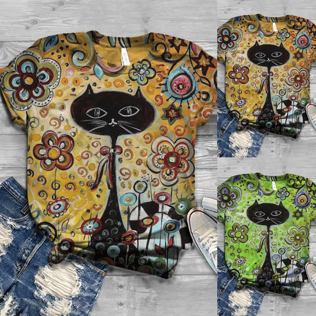 Футболка женская с круглым вырезом Свободный Топ коротким рукавом принтом кота и