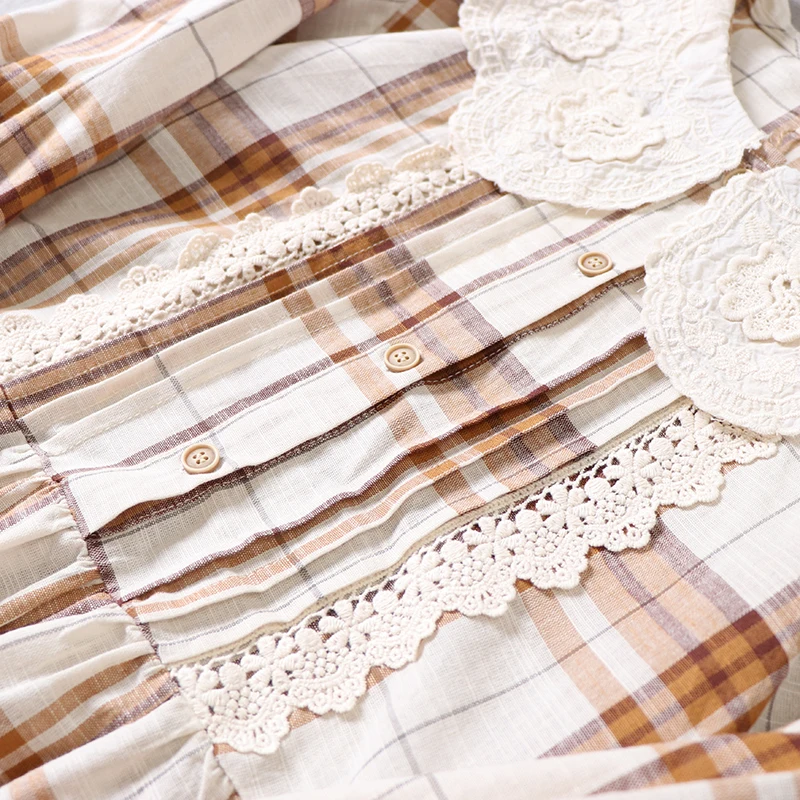 

2021 Spring Women Dress Japan Style Fresh Embroidery Peter Pan Collar Cotton linen Plaid Loose Long Dress