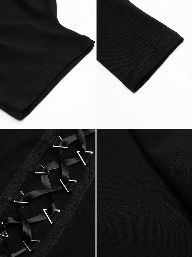 Панк рейв Женская готика Высокая шея шнуровка с длинными рукавами футболки PT 396