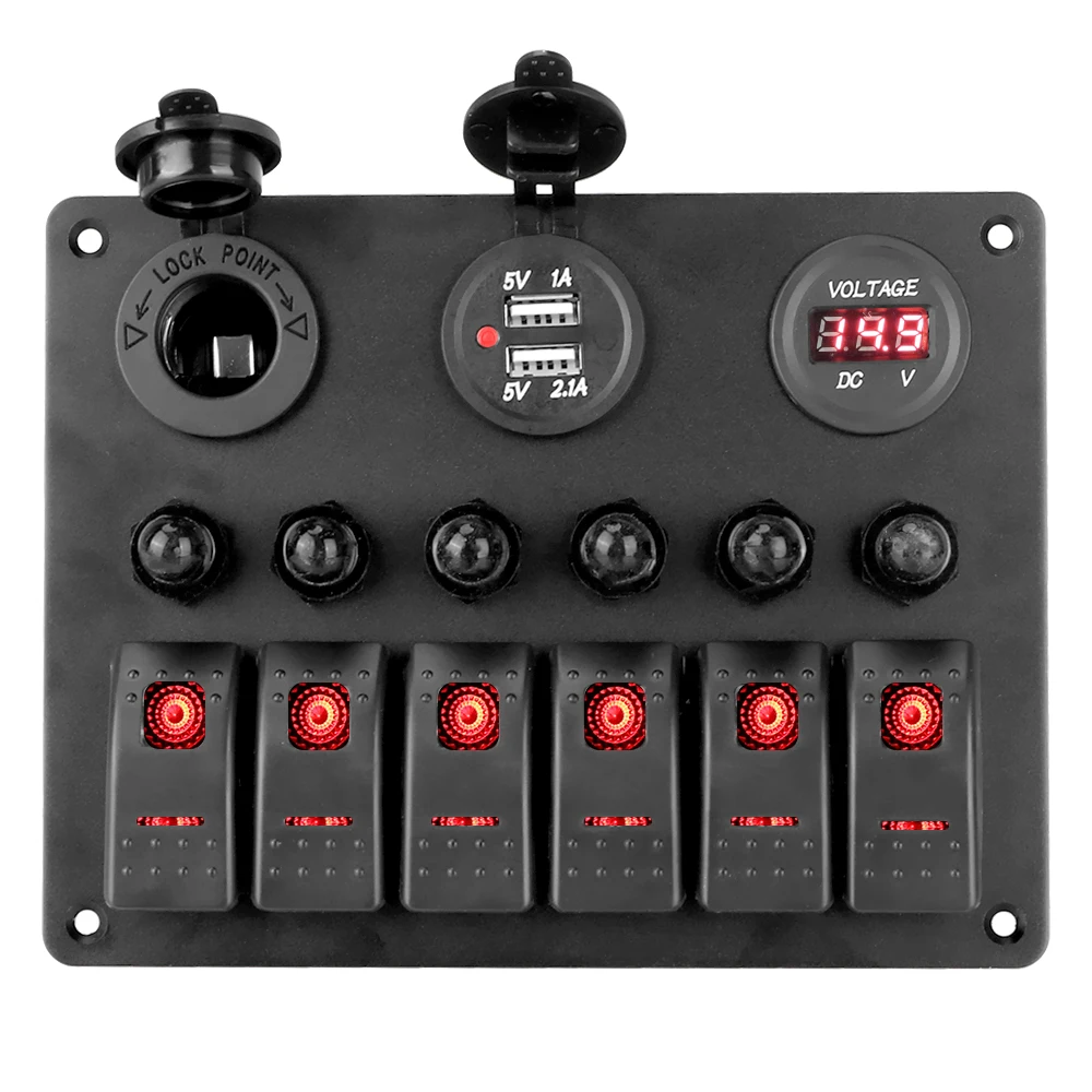 

DC 12V/24V Digital Voltmeter 6 Gang Rocker Switch Panel Car Marine Boat Circuit LED Breaker Dual USB Ports Aluminum Panel