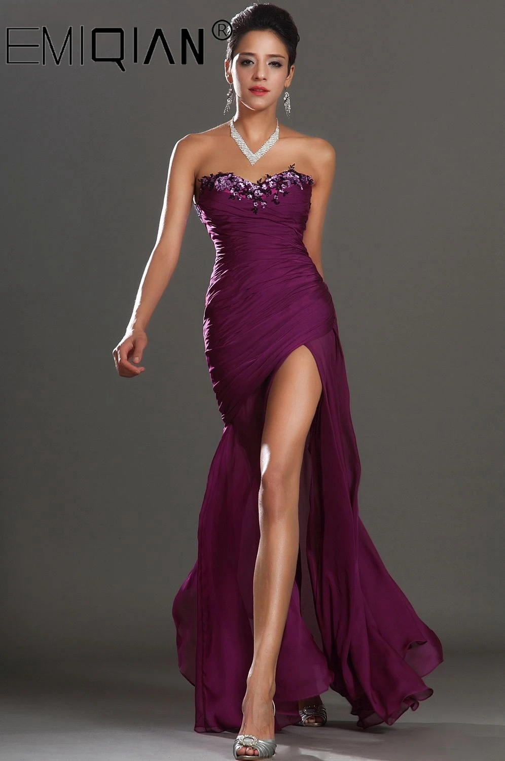 

Gorgeous Strapless Sweetheart High Split Appliqued Chiffon Evening Dress