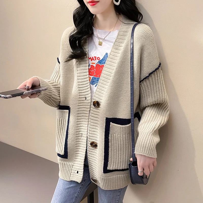 

Женский свитер, пальто, новинка 2021, свободный, темпераментный, Повседневный, весна-осень, иностранный стиль, вязаный кардиган, длинный рукав,...