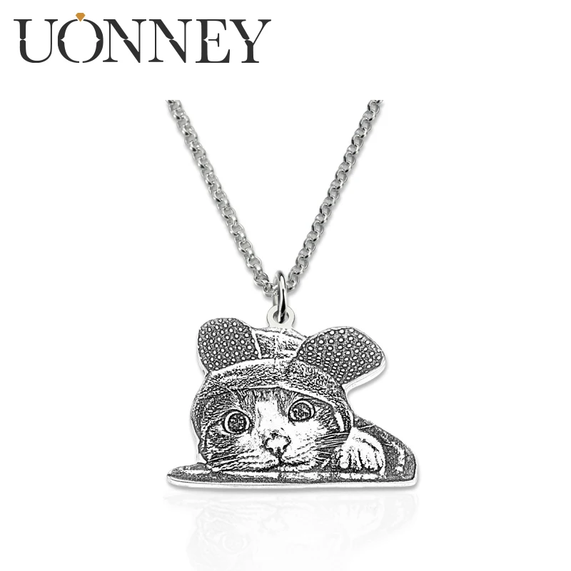 

UONNEY Wholesale Cute Pet Key Buckle Silhouette Engraving Dainty Vintage Necklace Custom Silver Photo Pendant Memorial Jewelry
