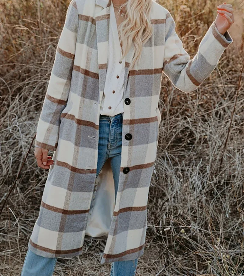 

Женское твидовое клетчатое пальто средней длины на осень и зиму, 2021