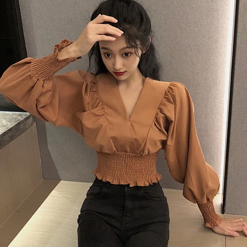 

Women's Solid V-Neck Slim Blouses Sexy Exposed Navel Long Sleeve Shirt for Autumn 2021