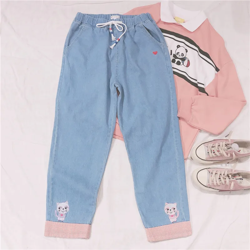 Осенние новые японские Harajuku kawaii Wild свободные джинсы с высокой талией и вышивкой кота женские маленькие свежие штаны для девочек в Корейском стиле