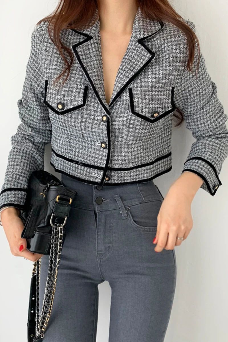 

ZCSMLL Korea Chic Autumn French Elegant Suit Collar Trim Contrast Color Chic Buttons Long-sleeved Tweed Short Jacket Women