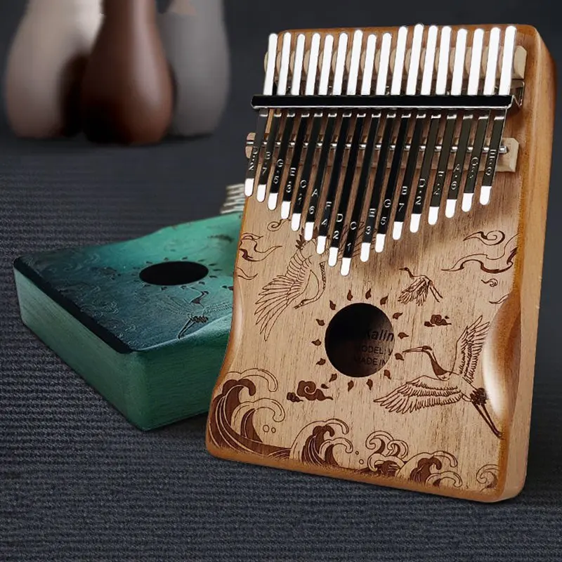 

17 Keys Kalimba Gradient Color Creative Vintage Chinese Style Red-Crowned Crane Printed Keyboard Instruments for Beginners 2021