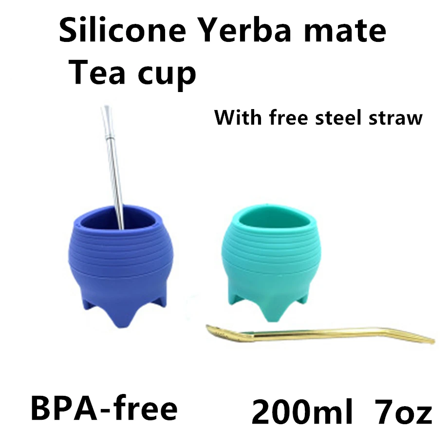 7 унций силиконовая чашка Yerba, ложка, соломенная чайная кружка, модный портативный походный стакан, не сломанная посуда для напитков, 200 мл, без BPA