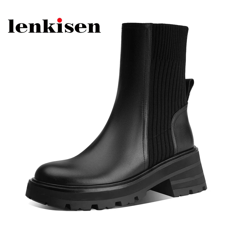 

Оригинальный дизайн Lenkisen, горячая распродажа, зимние вязаные ботинки из натуральной кожи, с круглым носком, на высоком каблуке, без застежки...