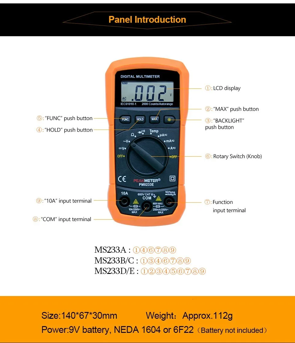 PEAKMETER PM8233E портативный многофункциональный цифровой мультиметр DC вольтметр переменного тока температура мультиметр тестер
