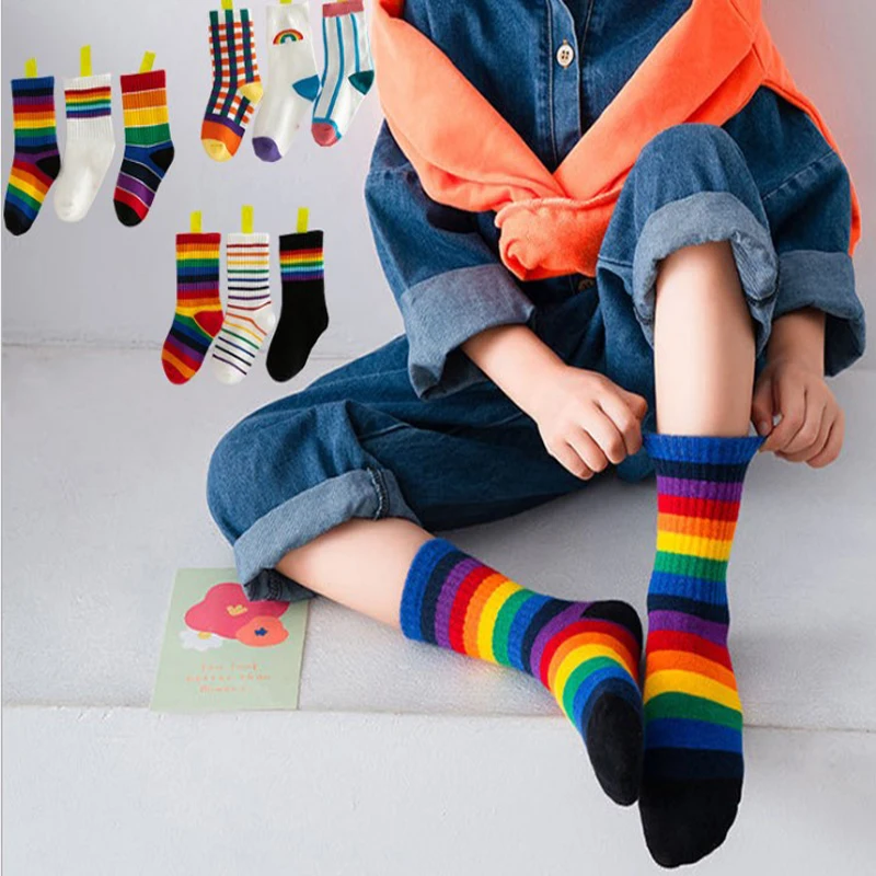 Socks Cotton Kids Spring Autumn Girls Rainbow Strips Toddlers Boys Sports White Black 3 Pairs SandQ Baby 2021 New