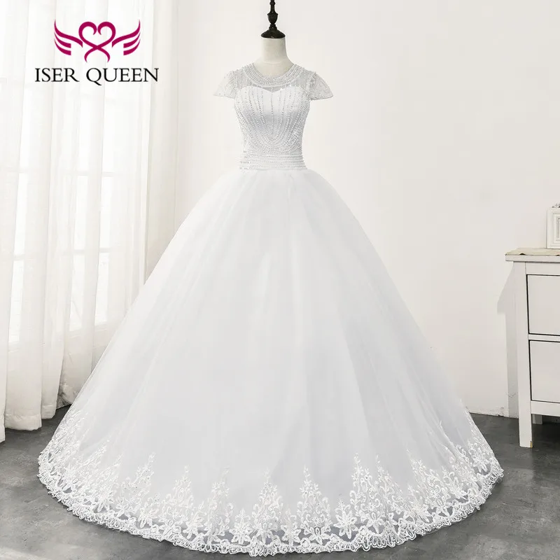 

O neck Short Sleeves Africa Wedding Dresses Pearls Beading Ball Gown Tulle Wedding Dress Pure White Bride Dress WX0165