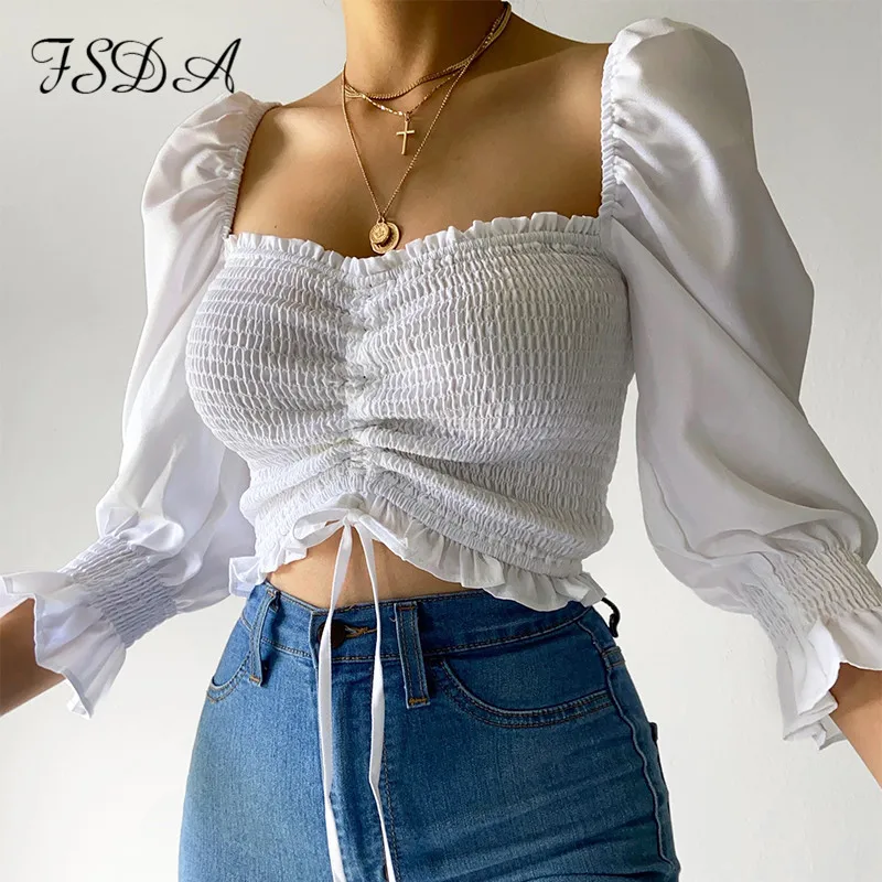 Женская блузка с рюшами FSDA повседневная укороченная длинными рукавами