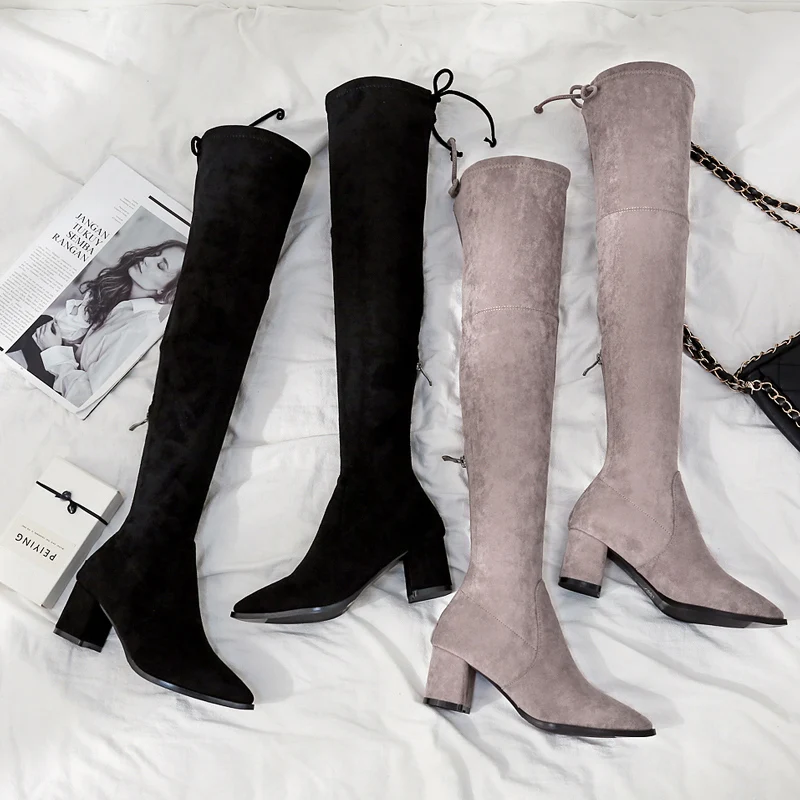 2019 г. Осенние женские ботфорты из замши высокие сапоги на высоком каблуке 6 см