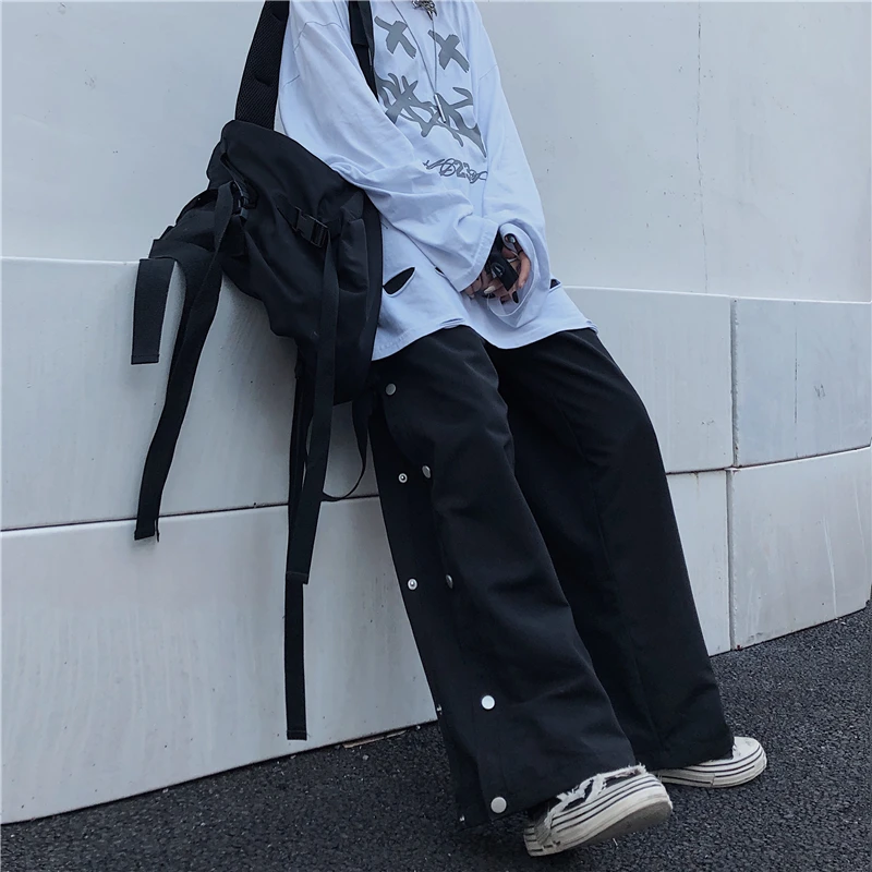 

Harajuku Women Pants Side Single Breasted Button High Waist Loose Straight Pant Hip Hop Black Trouser Korean Style