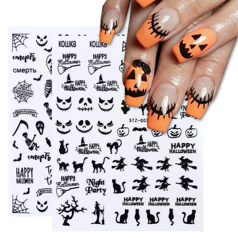 

Halloween Nails Black Stickers Nail Art Decals Spider Ghost Pumpkin Cool Spooky Slider Wraps Nail Decor Manicure CHSTZG032-040