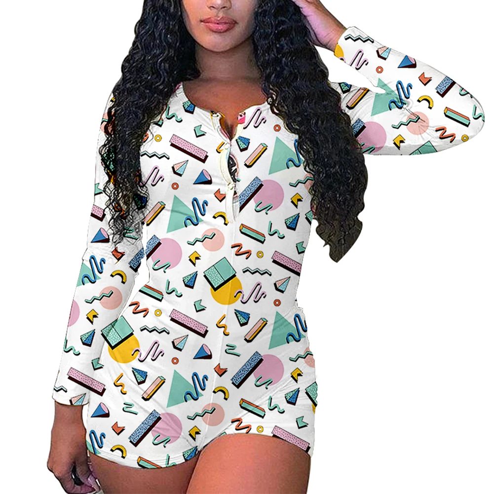 

Womens Casual Long-sleeved Jumpsuit Fashion Printing Slimming High Waist Short Jumpsuit