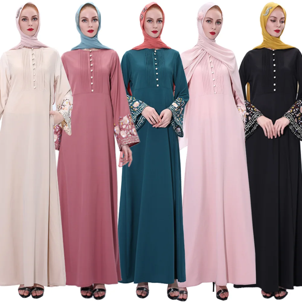

2021 Embroidered Flared Sleeve Dress Summer Middle Eastern Dress Robe Vintage A-line Slim Muslim Woman Abaya91202