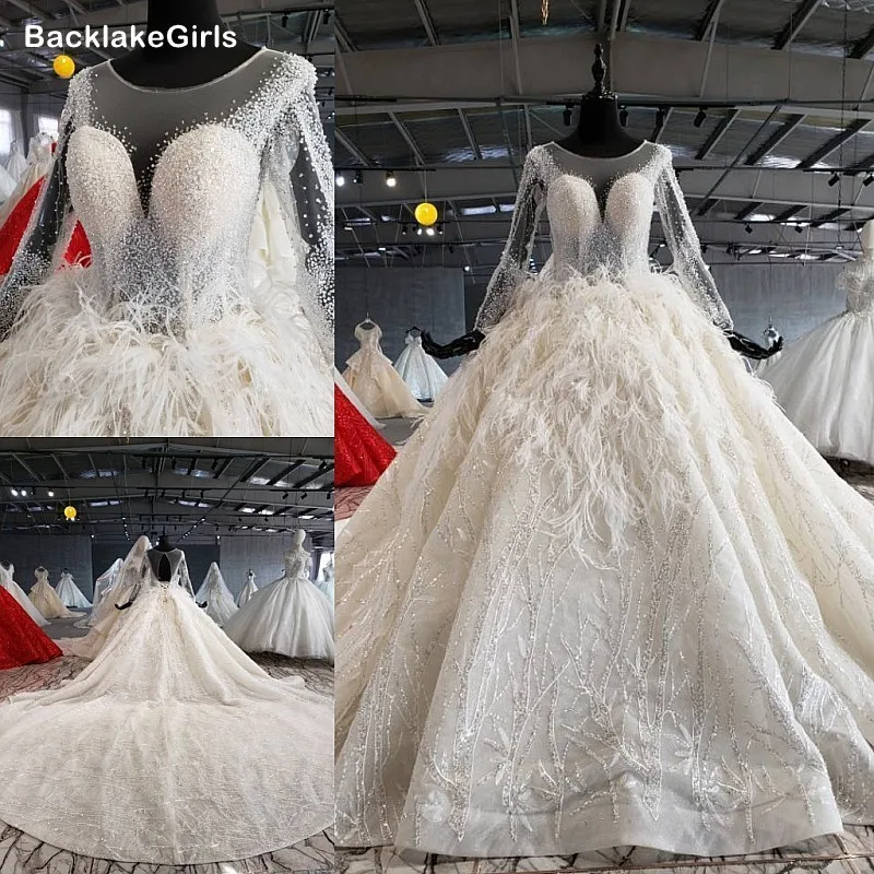 Высокая Класс Свадебные платья с длинными рукавами и головной повязкой пером 2020