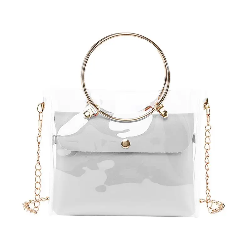 

Fashion Women Girls Transparent Small Handbag Metal Handle Shoulder Bag Summer Beach Purse Crossbody Tote
