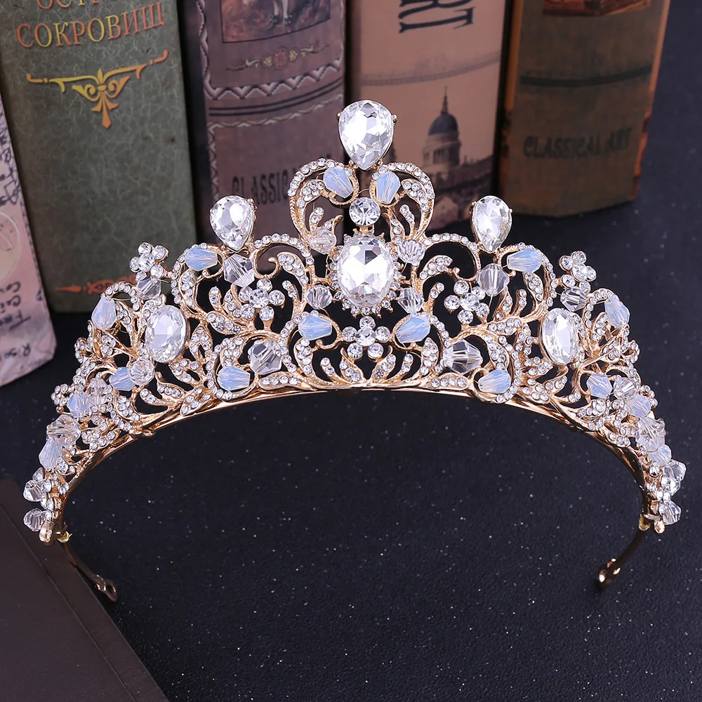 Gold Beads Роскошная свадебная корона в стиле барокко с розовыми кристаллами и листьями, королевская тиара, Корона невесты, повязка на голову, свадебные аксессуары, диадема, свадебное украшение для волос - Окраска металла: Gold Beads