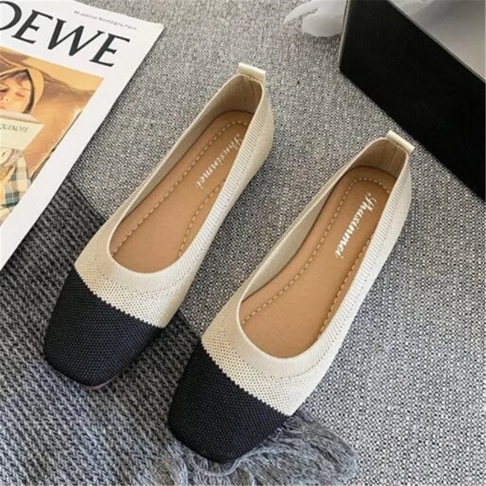 

Retro square toe flat woven shallow mouth women's shoes spring autumn hollow breathable knitted soft sole peas shoes sneakers